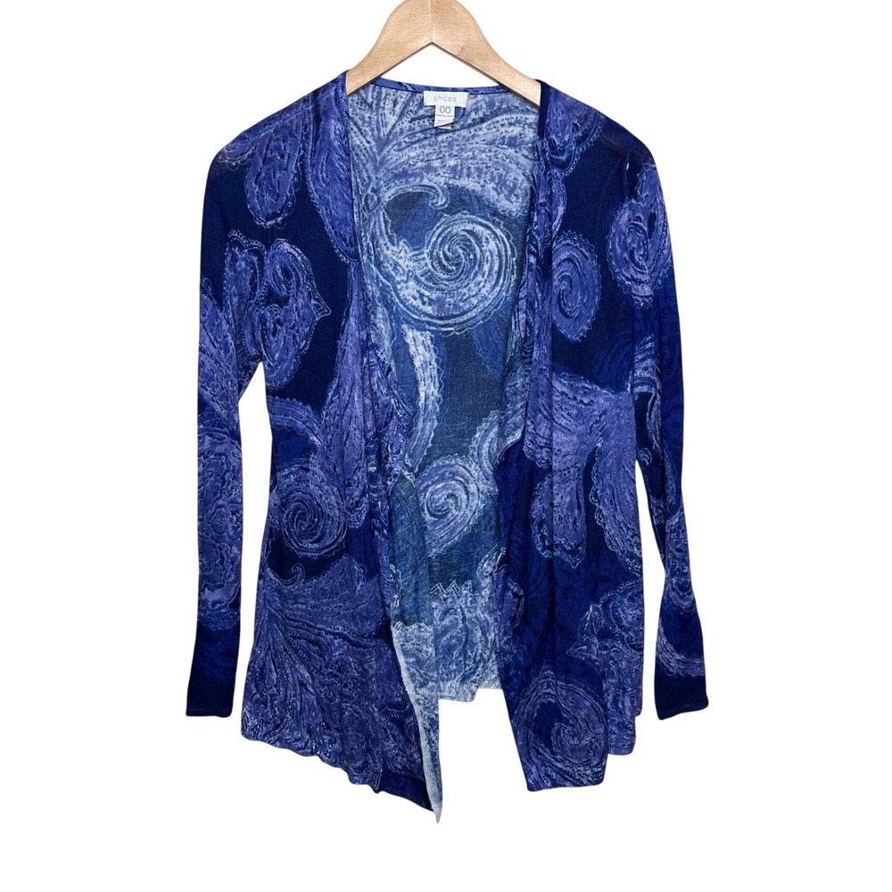Chico's Paisley Print Open Long Sleeve Cardigan size 00 (US XS) Blue/Purple